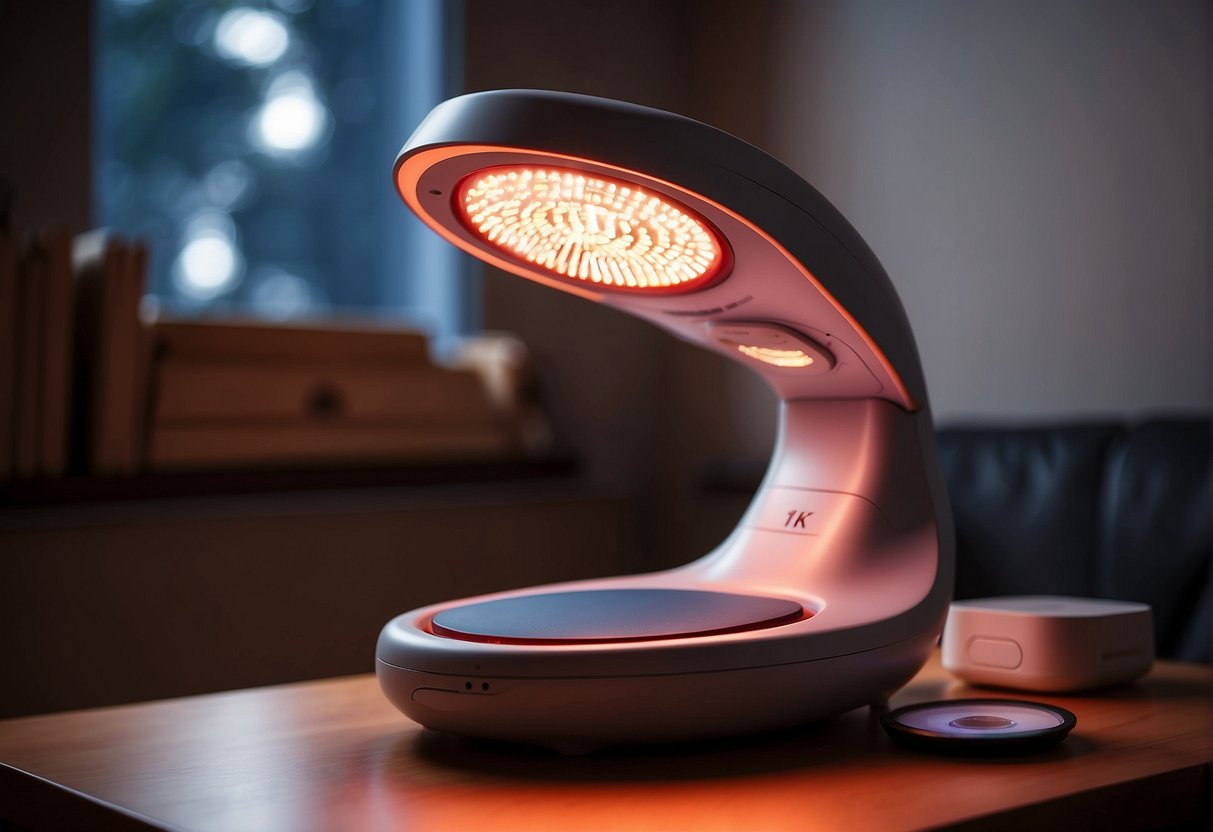 A room with a red light therapy device emitting a warm, soothing glow, targeting a specific area where tendinitis is present