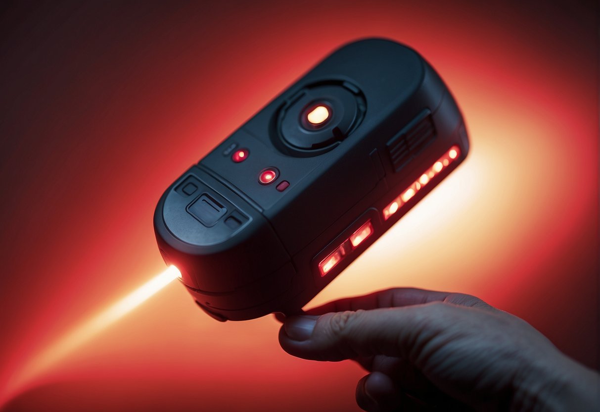 A hand-held red light therapy device is directed towards a targeted area, emitting a warm red light. The affected area shows signs of relief and healing