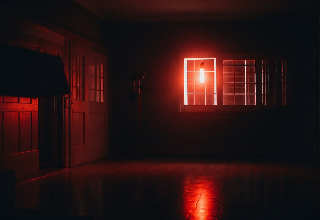 A glowing red light penetrates a darkened room, targeting a specific area. The surrounding environment is calm and peaceful, with a sense of healing and relief present