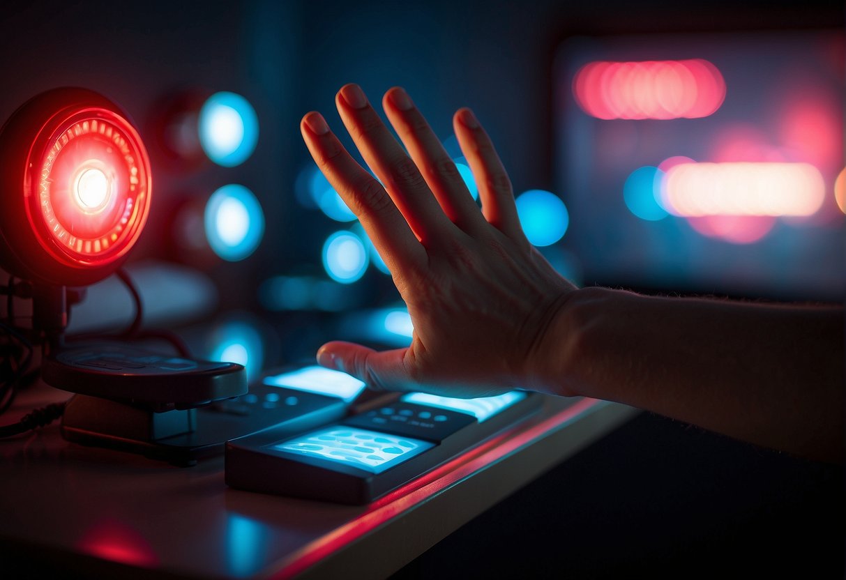A hand reaching for a red light therapy device among various options, with a sign indicating "Tendinitis Relief" above