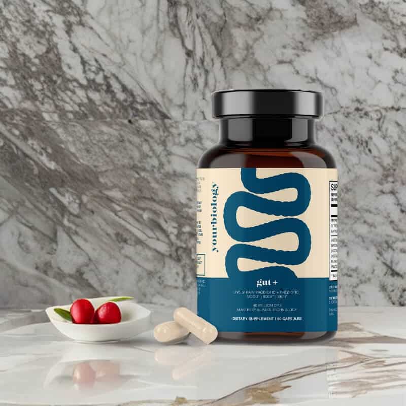 The YourBiology Gut+ probiotic supplement bottle and packaging, a top choice for women's gut health.