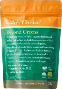 beyond greens vs the athletic greens formula are certified organic, contains barley grass, with organic greens, a greens blend, and organic superfoods