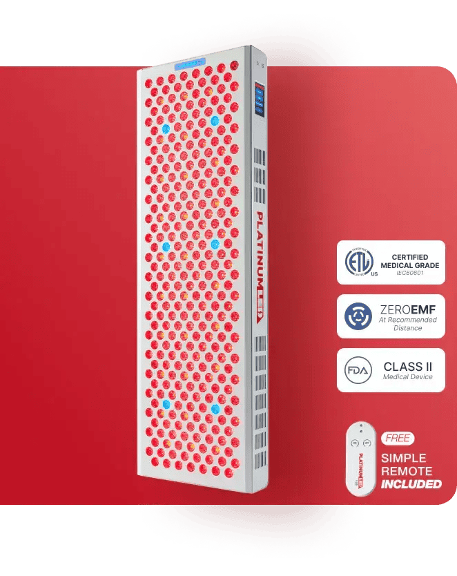 The PlatinumLED Biomax red light therapy panel.