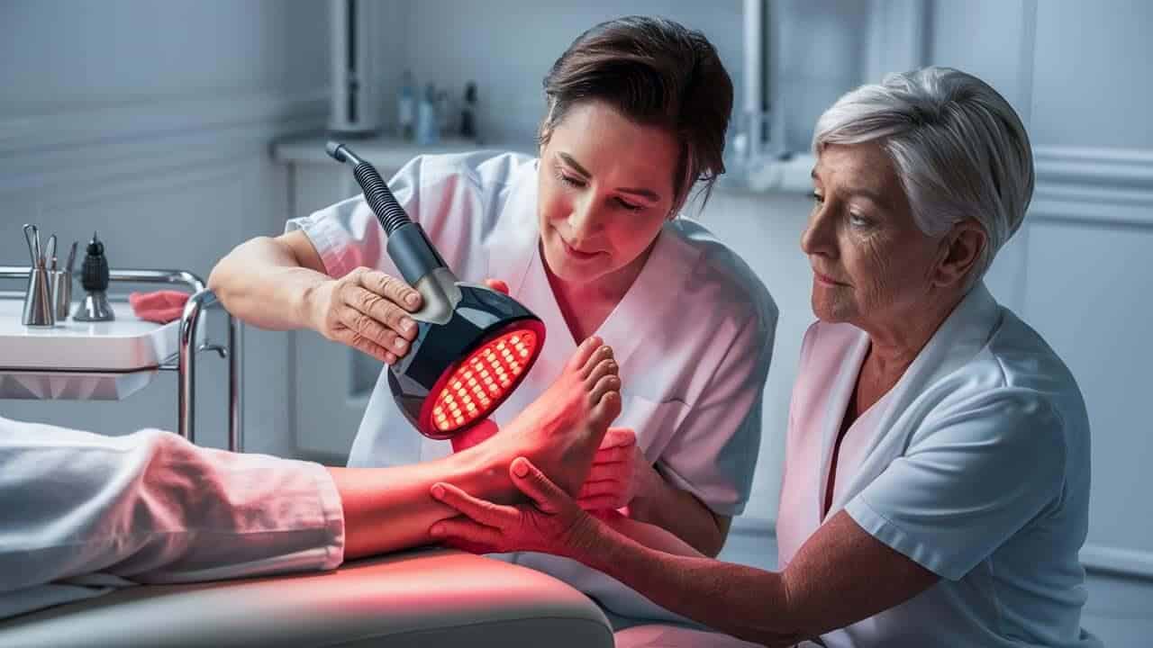 a clinician using a powerful red light device on the feet from painful nerve damage