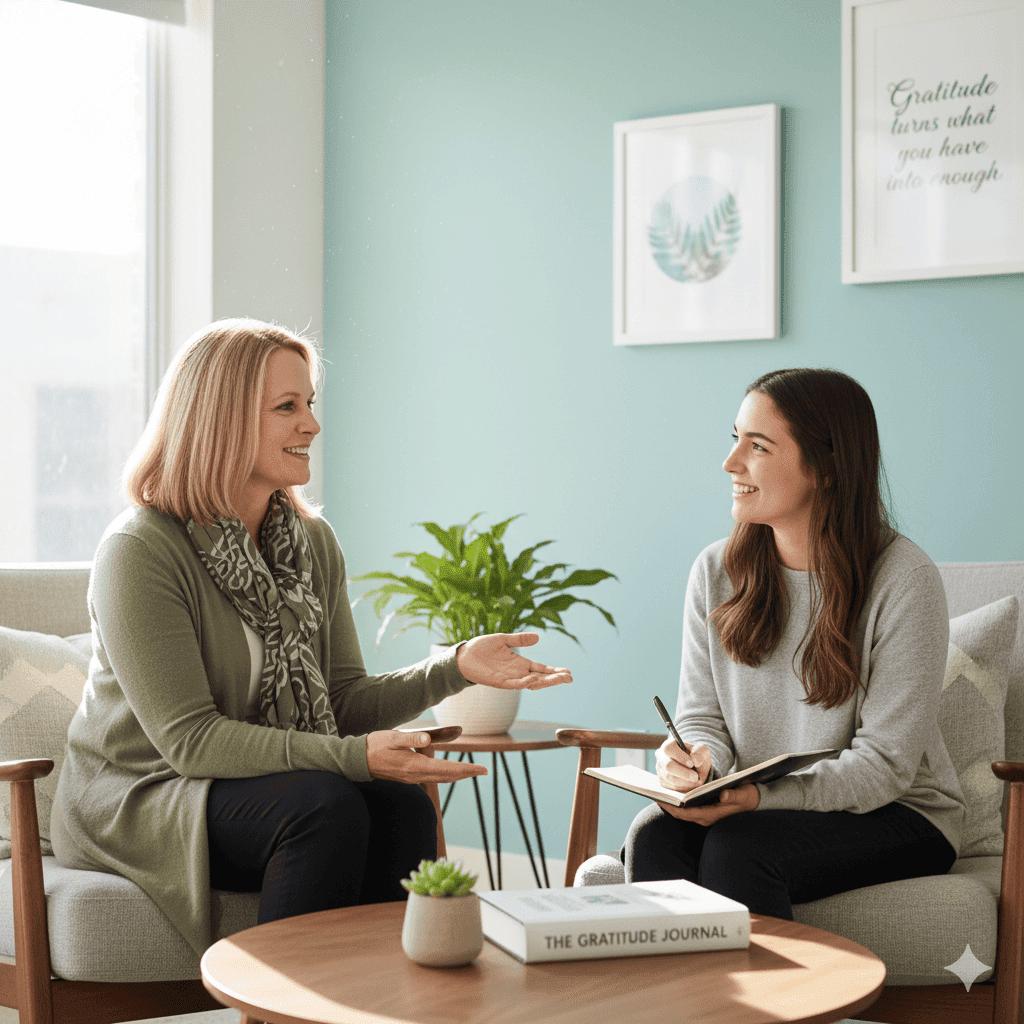 Talking therapy session at Sync Therapy, mental health counseling, client and therapist discussing, support and guidance.